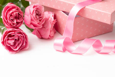 Pink delicate roses Leonardo da Vinci sort on a white surface with gift box and ribbon, copy space.の写真素材