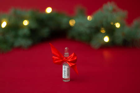 An ampoule of the COVID-19 coronavirus vaccine stands as a gift near a Christmas tree branch with lights on a red backgroundの写真素材