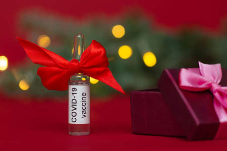 An ampoule of the COVID-19 coronavirus vaccine stands as a gift near a Christmas tree branch with lights on a red backgroundの写真素材