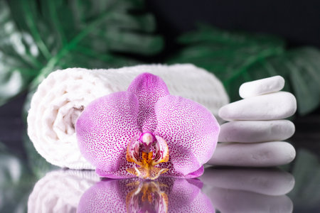 Beautiful lilac orchid flower, rolled towel and stack of white stones with monstera leaves, on black surface. SPA salon and procedures conceptの写真素材