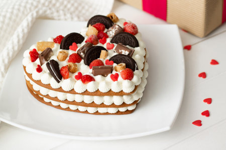 Heart-shaped cake with ricotta and whipped cream, garnished with chocolate, waffles, cookies and strawberriesの写真素材
