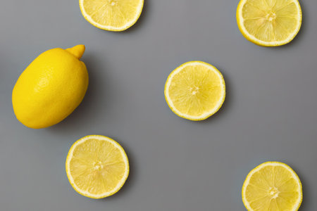 Yellow lemons on gray background. Colors of the Year 2021  Illuminating and Ultimate gray, flat layの写真素材