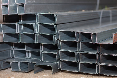 A stack of metal profiles for attaching drywall sheets lying on a concrete floor. Copy spaceの写真素材