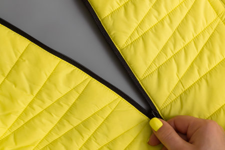 Female hand with yellow manicure unzips zipper of yellow jacket on gray background. Colors of the Year 2021 Illuminating and Ultimate grayの写真素材