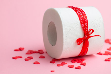 Roll of toilet paper as gift for Valentine's Day, next to red hearts on pink background. Copy space