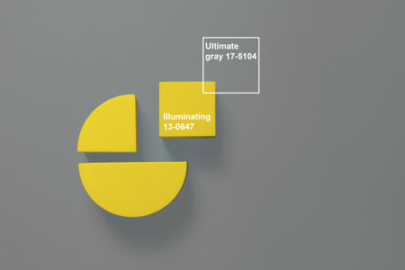 Flat lay composition of yellow geometric shapes on gray background. Colors of the Year 2021 Illuminating and Ultimate gray. Minimalism concept.の写真素材