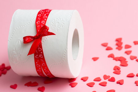 Roll of toilet paper as gift for Valentine's Day, next to red hearts on pink background. Copy spaceの写真素材