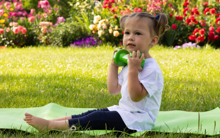 Little cute girl 1-3 in a white t-shirt goes in for sports with dumbbells on a green mat on a background of flowersの写真素材