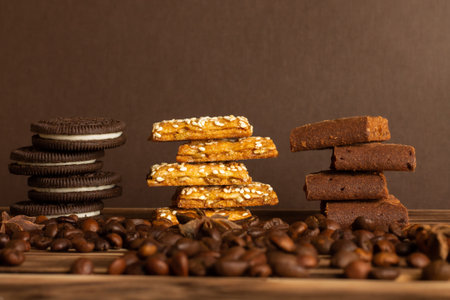 Cookies on a brown background of a burnt tree with coffee grains scattered on the table. Side view, copy spaceの写真素材