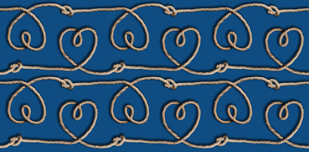 Rope hearts and knots on blue background seamless endless pattern, flat layの写真素材