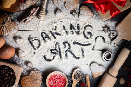 Baking Art written on flour. Gingerbread heart shaped cookies, spices, coffee beans and baking supplies on black wood backgroundの写真素材