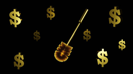 Gold toilet brush and dollar signs on a black background. Excessive luxury concept, 3D renderingの写真素材