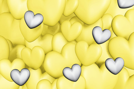 Background image made of yellow and gray volumetric hearts. Trendy colors of Year 2021, Illuminating...