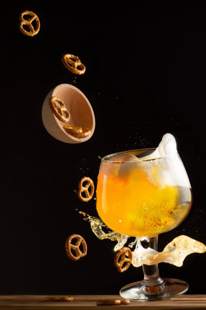 Glass with splashing beer and flying salty pretzels, on dark background. Verticalの写真素材