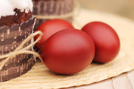 Red easter eggs, painted with onion peelの写真素材