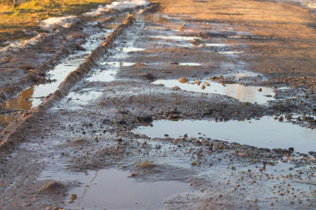 Country dirt road in the spring, dirt on the road during the thaw.の写真素材