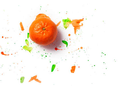 Bright orange tangerine and splashes of orange and green watercolor paint isolated on white background. Flat lay. Copy spaceの写真素材