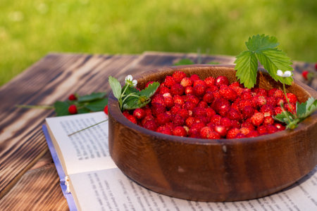 A wooden bowl of red ripe wild strawberries and flowers with a book on an old wooden surface. Copy space.の写真素材
