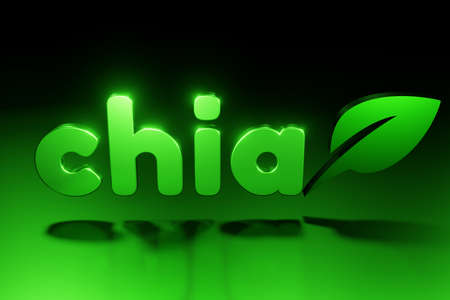 Green chia coin logo with reflection on black background. Chia eco crypto currency, 3D renderingの写真素材
