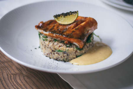 Partially blurred plate with quinoa platter, sauce, pike perch and lime sliceの写真素材