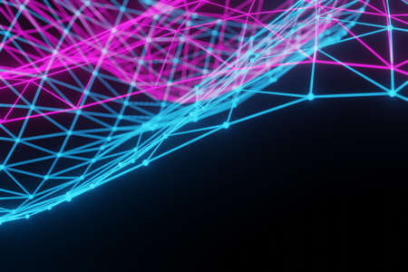 Abstract partially blurred background, polygonal grid of neon pink and blue colors on black...