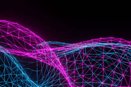 Abstract partially blurred background, polygonal grid of neon pink and blue colors on black...