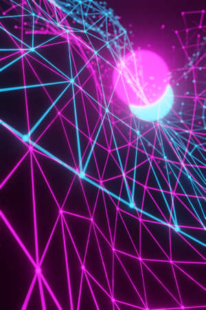 Abstract partially blurred background. Polygonal grid of neon pink and blue colors on black background. Vertical. 3d renderの写真素材