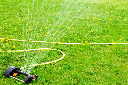 A working portable lawn watering machine. Water jets for irrigation of plants.