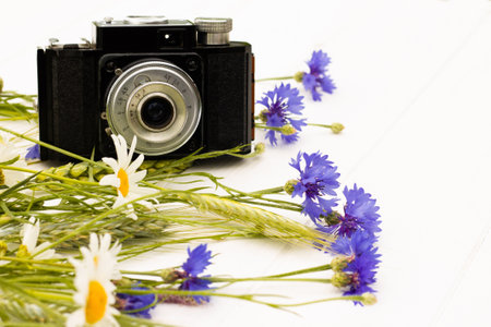 Retro vintage old camera with cornflowers and daisies on a white wooden background. Copy spaceの写真素材