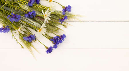 Spikelets, cornflowers and daisies on a white wooden background. Top view. Copy space. Bannerの写真素材