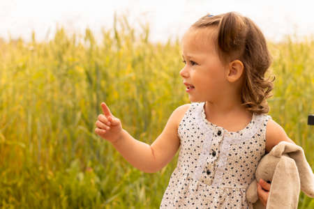 Little cute girl 1-3 with a plush hare, in a light dress points a finger at something in the field of spikelets of rye in summer.の写真素材