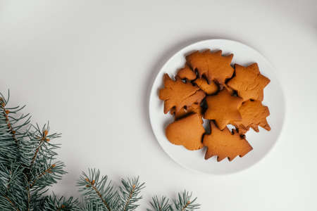Christmas gingerbread cookies in shape of stars and trees in white plate with branches of Christmas tree. Top view. Copy spaceの写真素材