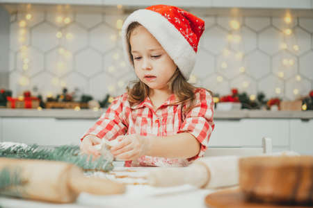 Little dark-haired girl 3 years old in red Christmas cap and checkered shirt cuts out gingerbread cookies from rolled dough in white Christmas decorated kitchen. Merry Christmas, Happy New Yearの写真素材