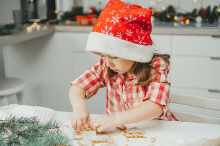Little dark-haired girl 3 years old in red Christmas cap and checkered shirt cuts out gingerbread cookies from rolled dough in white Christmas decorated kitchen. Merry Christmas, Happy New Yearの写真素材