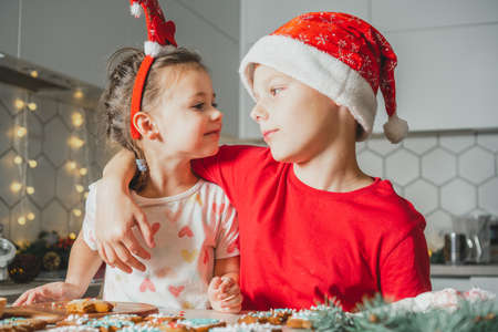 Boy 8 years in red Santa hat hugs little dark-haired girl 3 years old while decorate gingerbread cookies with icing. Siblings in Christmas kitchen look at each other. Merry Christmas, Happy New Yearの写真素材