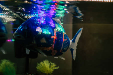 Partially blurred blue glowing large robot fish swimming underwater in aquariumの写真素材