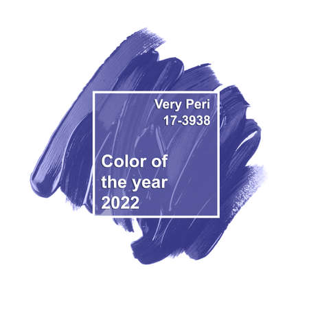 Color of the Year 2022 Very Peri. Sample of textured paint brush stroke isolated on white background. Trendy purple shadeの写真素材