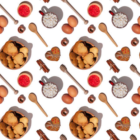 Seamless endless pattern of baking ingredients and accessories, heart shaped gingerbread cookie and...