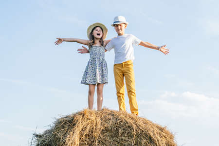 Portrait of children boy and girl staying and hugging, singing songs, waving hands playing the ape on haystack in field. Light sunny day. Kids wearing straw hats. Young artists outdoors. Low angleの写真素材