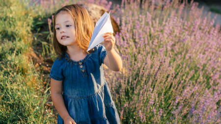 Little girl 3-4 with dark hair in denim dress in sun launches paper plane among large bushes of lilac lavenderの写真素材
