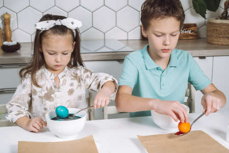 Portrait of concentrated two little children, boy, girl, multi coloring Easter hens eggs. Soaking up, absorption color animal eggs spoon, bowls. Paper on table in kitchen. Traditional holiday event.の写真素材