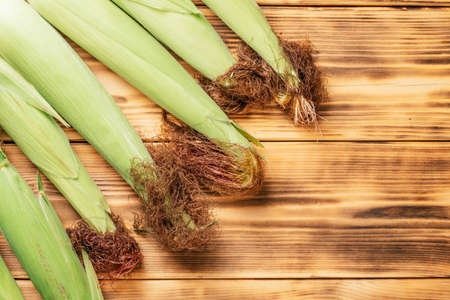 Sweet fresh green milk corn cob ear leaves lie on brown burnt wooden table background. Corn brown...