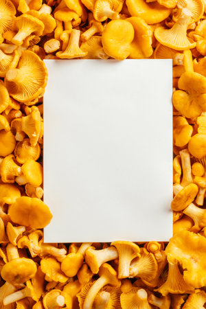 Vertical image background juicy orange yellow mushrooms golden chanterelle and white blank empty piece of paper. Cooking recipe culinary notes. Copy space, vertical. Flat lay, top view.の写真素材