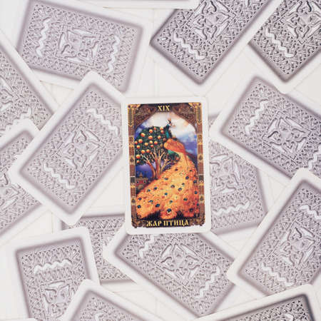 Deck of Tarot cards laid out on white board surface with open card with inscription Firebird in russian. top view. square image. Minsk, Belarus - 28.07.2021のeditorial素材