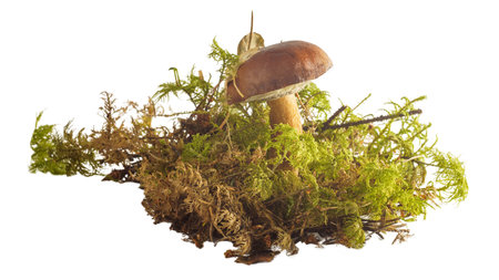 One dark brown autumn Polish mushroom with moss isolated on white background. Tubular mushroom Imleria badia with round hat on thick stalk. Ingredient of dish, choice of flavor fillingsの写真素材