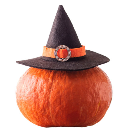 Halloween orange pumpkin in witch hat, isolated on white background