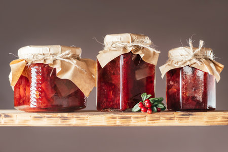 Jars of homemade lingonberry and pear jam with craft paper on lids on wooden shelf next to fresh...