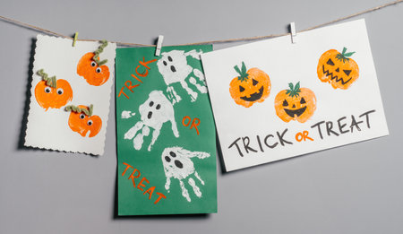 Three Halloween childrens pumpkin apple prints and ghosts handprints drawings hanging on rope on gray wall with Trick or Treat inscription. Handmade DIY decoration with children for holidayの写真素材