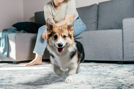 Curly haired glad, cheerful barefoot woman with dog corgi sitting, relaxing and playing on floor in comfortable living room, near sofa. Active and healthy animal, healthcare. Weekend leisure activityの写真素材