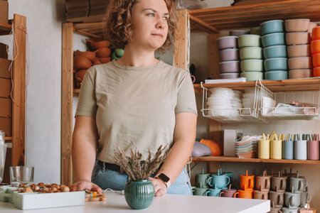 Serious concentrated curly businesswoman looking at camera, seller job, silicone tableware for kids....